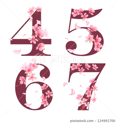 Cherry blossom flower numbers with pink petals and sakura flowers for printing, cards, posters Cherry blossom flower numbers with pink petals and sakura flowers for printing, cards, posters 124991700