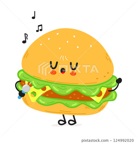 A happy cartoon burger character joyfully sings into a microphone on a white background. 124992020