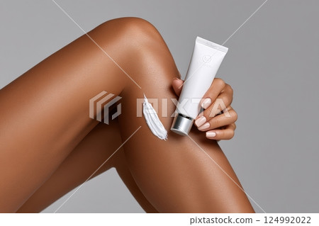 Hand applying body cream on smooth leg with light reflection in a minimalistic setting 124992022