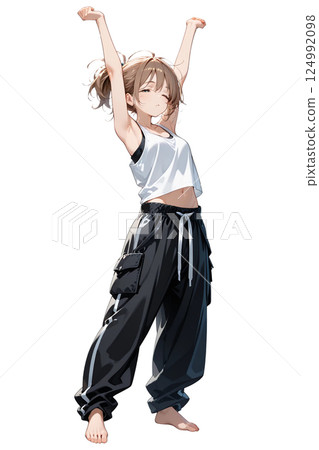 A girl stretches in her loungewear after waking up 124992098