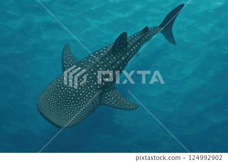 Majestic whale shark swimming gracefully in clear blue ocean water Majestic whale shark swimming gracefully in clear blue ocean water 124992902