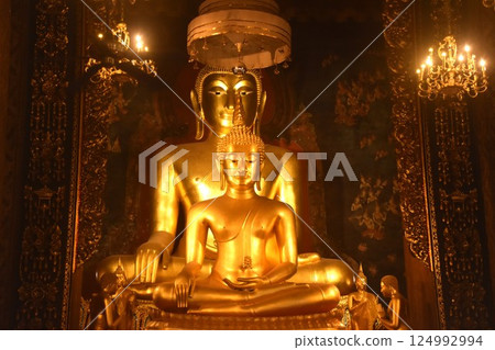 golden Buddha image enshrined at Wat Bowonniwet Vihara in Thailand 124992994