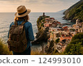 Scenic View of a Young Traveler Overlooking Vernazza, Cinque Terre, Italy 124993010