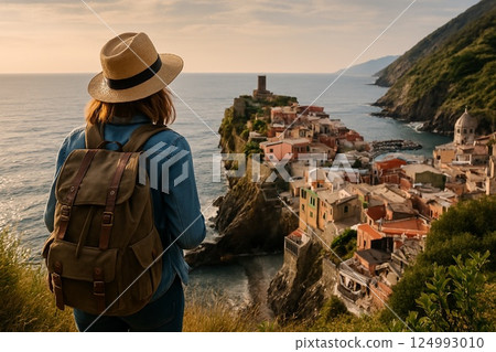 Scenic View of a Young Traveler Overlooking Vernazza, Cinque Terre, Italy Scenic View of a Young Traveler Overlooking Vernazza, Cinque Terre, Italy 124993010