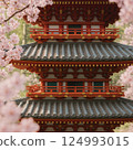 Traditional Japanese Pagoda Framed by Cherry Blossoms in Spring 124993015