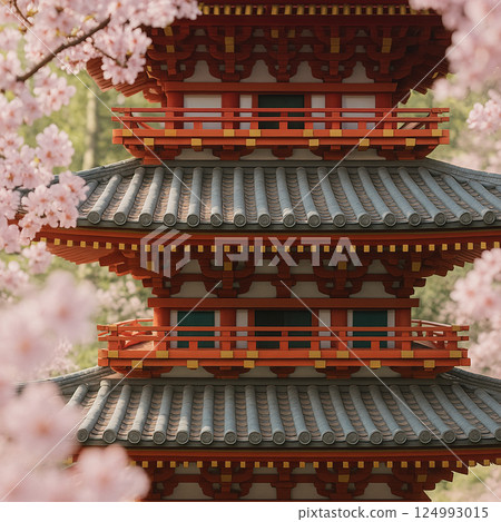 Traditional Japanese Pagoda Framed by Cherry Blossoms in Spring 124993015
