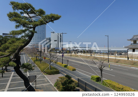 Mizuki Street as seen from the Tsukimi Tower at the Takamatsu Castle ruins, with the Anabuki Arena at Sunport Kagawa also visible 124993026
