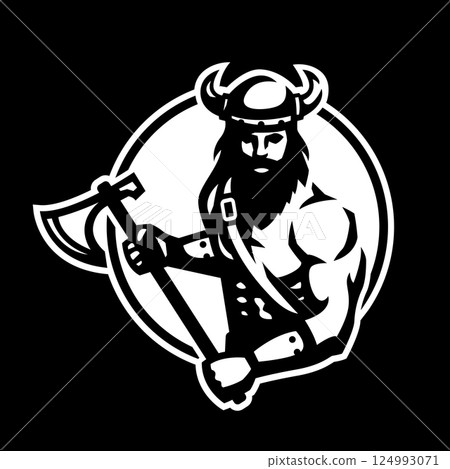 Viking with an axe on a dark background. 124993071