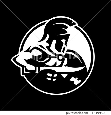 Spartan warrior in armor and with a sword on a dark background. 124993092