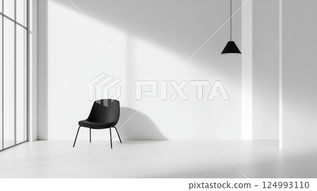 Minimalist and modern interior design featuring a white space with a large window casting shadows. Black chair and pendant light create striking contrasts in the serene setting 124993110