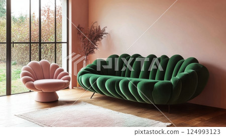 contemporary interior with bold green sofa and pink scallop chair, soft peach walls and minimalist rug on wooden floor, large window letting in natural light, cozy chic modern atmosphere, concept of 124993123