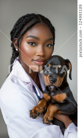 Beautiful african american female veterinarian doctor is holding in his arms cute doberman pinscher puppy against gray background. Veterinary clinic. 124993189