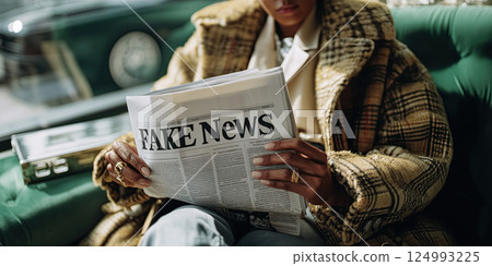 woman in plaid coat reads newspaper with FAKE News as headline, sitting on green seat 124993225