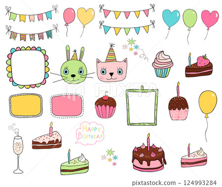 Cute hand drawn doodle elements for birthday and party designs with balloons, cakes and buntings in bright colors 124993284