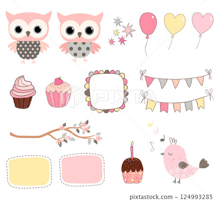 Cute birthday set with cute pink owls and balloons for baby showers, greeting cards and scrapbooking 124993285