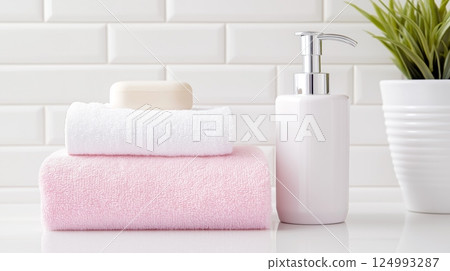 A pastel pink dispenser with folded towels and a soap bar sits in a clean, bright setting with greenery 124993287