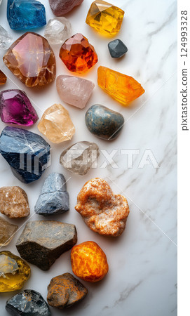 Polished and raw stones in vibrant colors like orange, purple, and blue arranged neatly on a marble slab 124993328