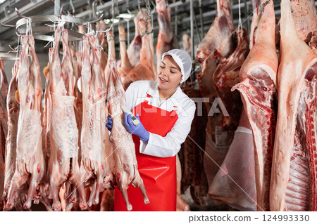 Female slaughterhouse worker using food thermometer to measure temperature of lamb carcass Female slaughterhouse worker using food thermometer to measure temperature of lamb carcass 124993330