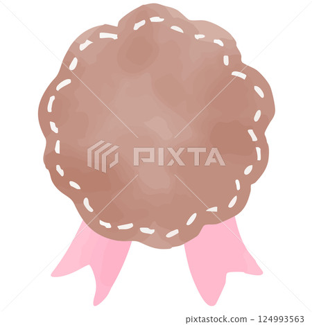 Brown flower-shaped ribbon sticker with hand-drawn watercolor illustration 124993563