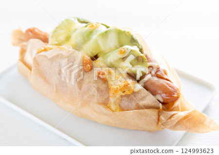 Delicious avocado cheese sausage dog 124993623