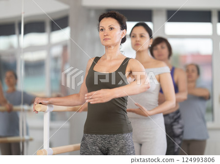 Group of women stand in first position at barre 124993806