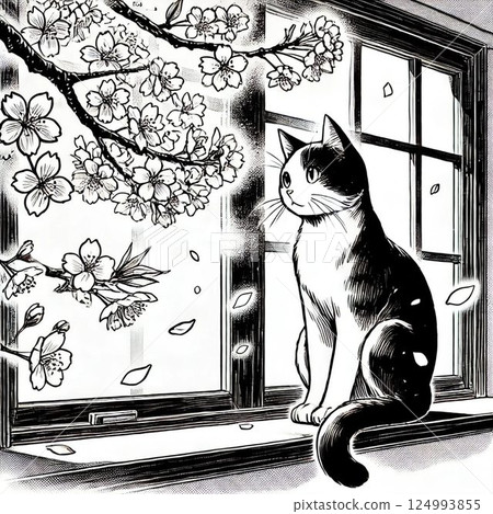 一隻貓坐在窗台上的卡通風格插圖 一隻貓坐在窗台上的卡通風格插圖 124993855