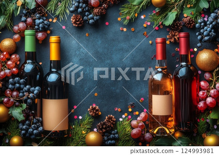 Bottle of wine is surrounded by bunch of grapes and pine cones with copy space 124993981