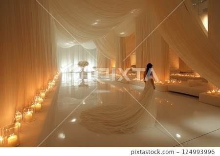 Bride is standing in long room with white curtains and candles 124993996