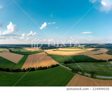 Drone panorama image with agricultural fields in the german rural area Drone panorama image with agricultural fields in the german rural area 124994030