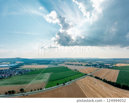 Panorama image, drone point of view, with agricultural fields in the german rural area Panorama image, drone point of view, with agricultural fields in the german rural area 124994032