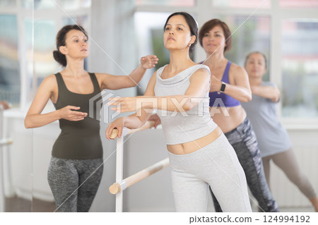 Choreographer coach teaches amateur students to keep their heads straight during ballet lesson Choreographer coach teaches amateur students to keep their heads straight during ballet lesson 124994192