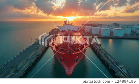 Large crude oil tanker is docked at industrial port terminal for cargo operations in the sea. Oil refinery with group of crude oil storage tanks 124994199