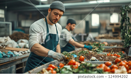 Male workers sorting the kitchen food waste from vegetables, greens, fruits are lying in large bins at food waste recycling plant. Problem of ecology. 124994202