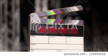 Digital Clapper Board for filmmaker in set. Timecode Slate to use in professional Video Production. Digi number clapperboard or film slates on set. Tools in movie shooting and modern cinema industry. Digital Clapper Board for filmmaker in set. Timecode Slate to use in professional Video Production. Digi number clapperboard or film slates on set. Tools in movie shooting and modern cinema industry. 124994816