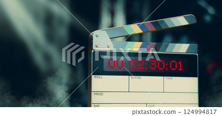 Digital Clapper Board for filmmaker in set. Timecode Slate to use in professional Video Production. Digi number clapperboard or film slates on set. Tools in movie shooting and modern cinema industry. Digital Clapper Board for filmmaker in set. Timecode Slate to use in professional Video Production. Digi number clapperboard or film slates on set. Tools in movie shooting and modern cinema industry. 124994817