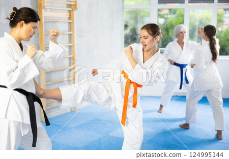 Two young women training karate techniques 124995144