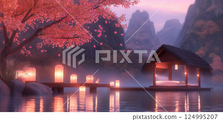 Fantasy Lake Hut,A magical hut on a serene lake with glowing lanterns and cherry blossoms. Mist and mountains create an enchanting, dreamy scene. Fantasy Lake Hut,A magical hut on a serene lake with glowing lanterns and cherry blossoms. Mist and mountains create an enchanting, dreamy scene. 124995207