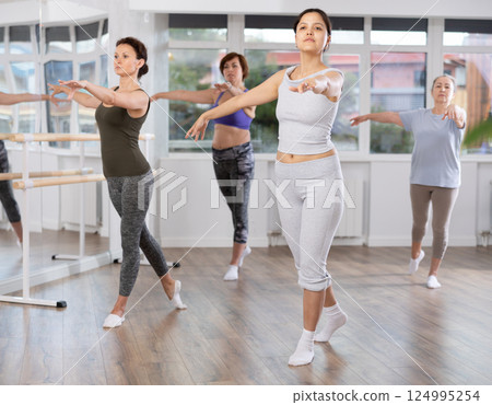 Group of female beginners rehearsing ballet dance 124995254