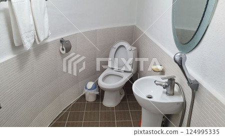 interior of a bathroom with toilet 124995335