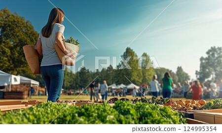 A woman shopping at a farmer market carrying eco-friendly woven baskets filled with fresh produce. people,market stalls,lush greenery under a clear blue sky,sustainable lifestyle atmosphere. 124995354