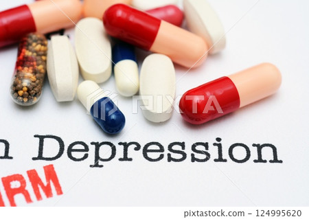 Pills on depression text 124995620