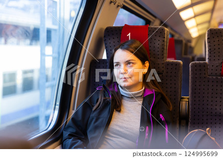 Woman traveler sitting inside train and looking out window 124995699
