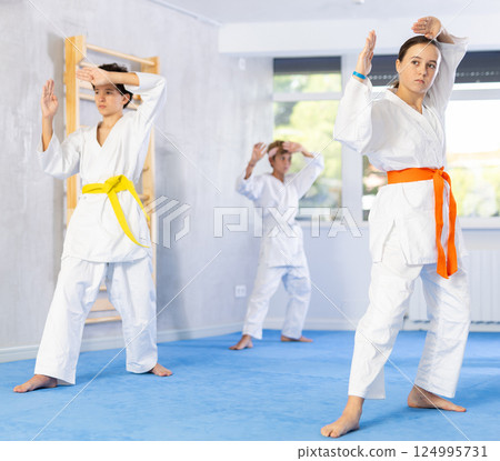 Group of children train karate techniques 124995731