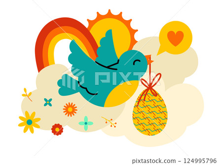 Cartoon illustration in flat style. Easter composition, flowers, block, rainbow, painted eggs, spring. Christian religious holiday. Universal vector illustration for design of greeting cards & flyers. Cartoon illustration in flat style. Easter composition, flowers, block, rainbow, painted eggs, spring. Christian religious holiday. Universal vector illustration for design of greeting cards & flyers. 124995796