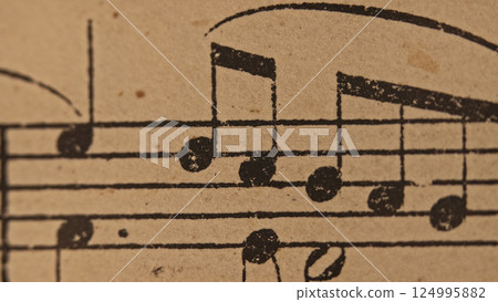 Macro of Mozart aged book with music notes sheet. Educational symbols musician Macro of Mozart aged book with music notes sheet. Educational symbols musician 124995882