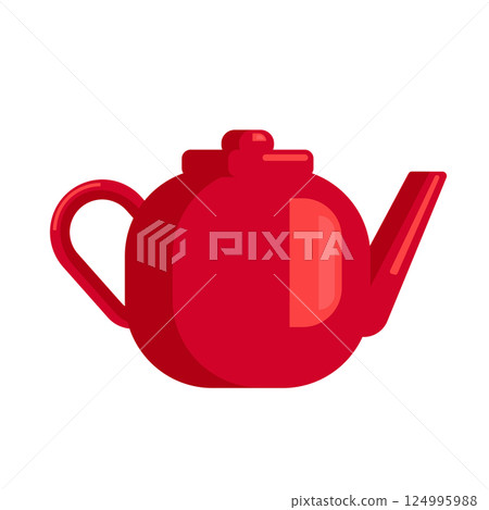 Bright red teapot. Flat vector illustration. Perfect for bright design of menus, dishes, kitchen textiles. Break, tea, tea ceremony. 124995988