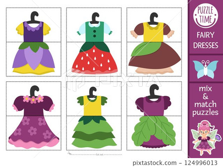 Vector fairyland mix and match puzzle with cute fairies and their dresses. Matching woodland fairytale activity for preschool kids. Educational printable game with magic or fantasy girls costumes Vector fairyland mix and match puzzle with cute fairies and their dresses. Matching woodland fairytale activity for preschool kids. Educational printable game with magic or fantasy girls costumes 124996013