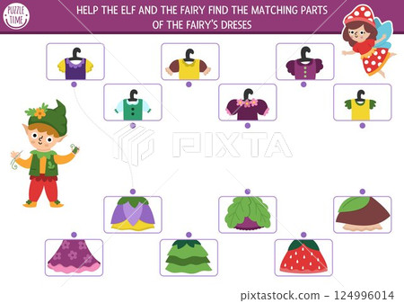 Woodland fairy matching activity with elf seamstress and dresses for girls. Magic forest puzzle, game with princess costumes. Match gown top and bottom. Fairytale fantasy match up page Woodland fairy matching activity with elf seamstress and dresses for girls. Magic forest puzzle, game with princess costumes. Match gown top and bottom. Fairytale fantasy match up page 124996014