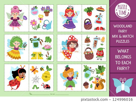 Vector fairyland mix and match puzzle with cute fairies and their attributes. Matching woodland fairytale activity for preschool kids. Educational printable game with magic or fantasy girls Vector fairyland mix and match puzzle with cute fairies and their attributes. Matching woodland fairytale activity for preschool kids. Educational printable game with magic or fantasy girls 124996016