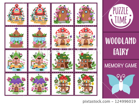 Vector fairyland memory game cards with cute fairy houses. Woodland homes matching activity. Remember and find correct card. Simple printable worksheet for kids with forest cottages 124996019